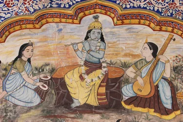Détail des peintures le long de la cour du musée Nawalgarh Podar Haveli, Nawalgarh, Rajasthan, Inde
